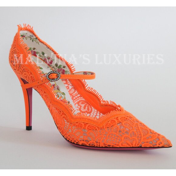 GUCCI SHOES VIRGINIA CORDED LACE MARY JANE POINTY PUMPS CRYSTAL sz 37 6.5 US - Picture 5 of 14